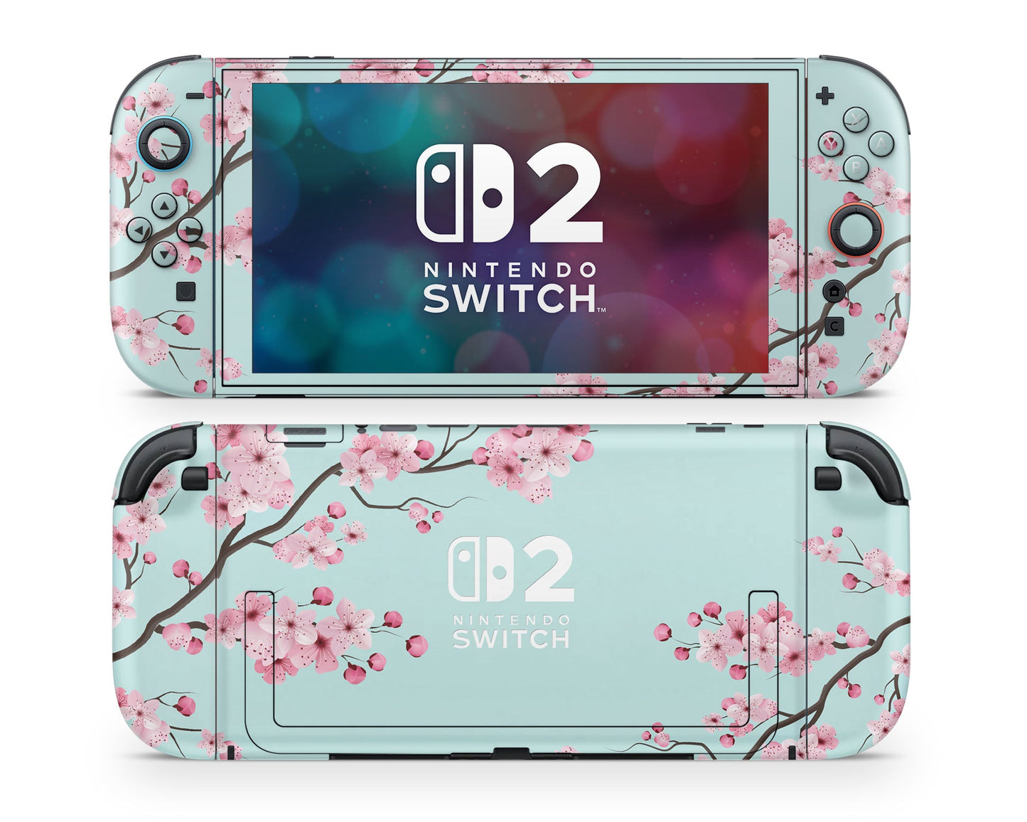 Lux Skins Nintendo Switch 2 Teal Cherry Blossom Nintendo logo Skins - Art Floral Skin