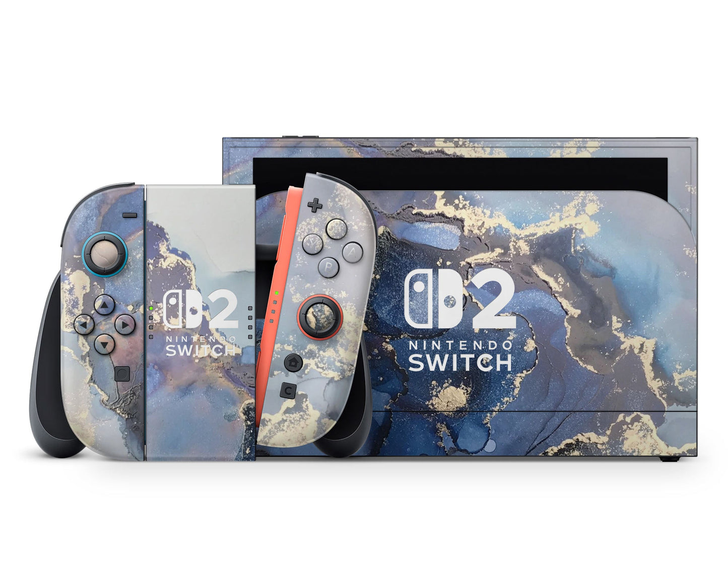 Lux Skins Nintendo Switch 2 Ethereal Blue Gold Marble Nintendo logo Skins - Pattern Marble Skin