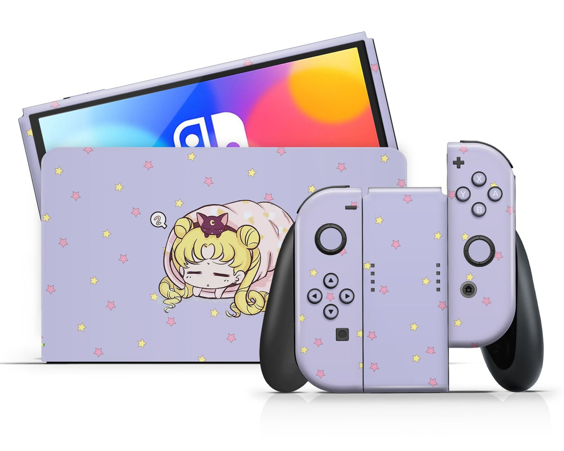 Lux Skins Nintendo Switch OLED Sleeping Sailor Moon Pastel Lavender Full Set Skins - Pop culture Sailor Moon Skin