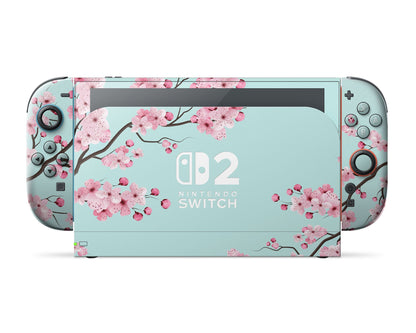 Lux Skins Nintendo Switch 2 Teal Cherry Blossom Nintendo logo Skins - Art Floral Skin