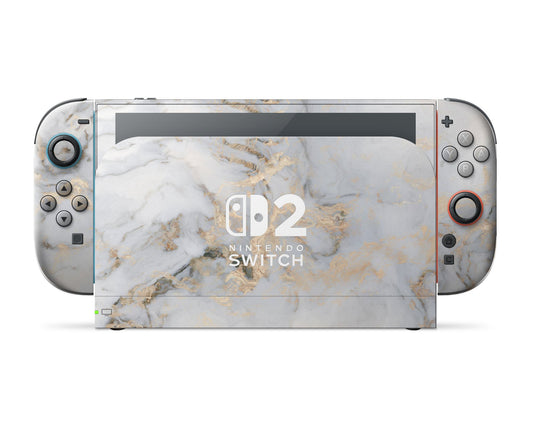 Lux Skins Nintendo Switch 2 Ethereal White Gold Marble Nintendo logo Skins - Pattern Marble Skin