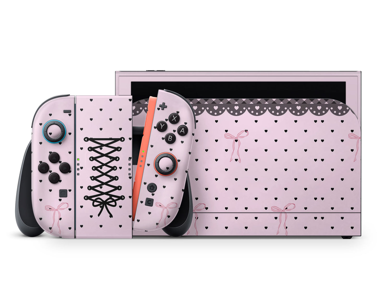 Lux Skins Nintendo Switch 2 Pink Bow Black Lace Full Set +Tempered Glass Skins - Pattern  Skin