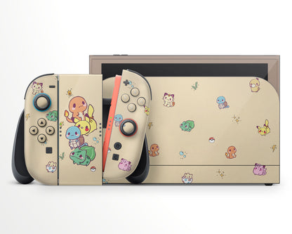 Lux Skins Nintendo Switch 2 Cute Beige Poke Pattern Full Set +Tempered Glass Skins - Pop culture Pika Skin