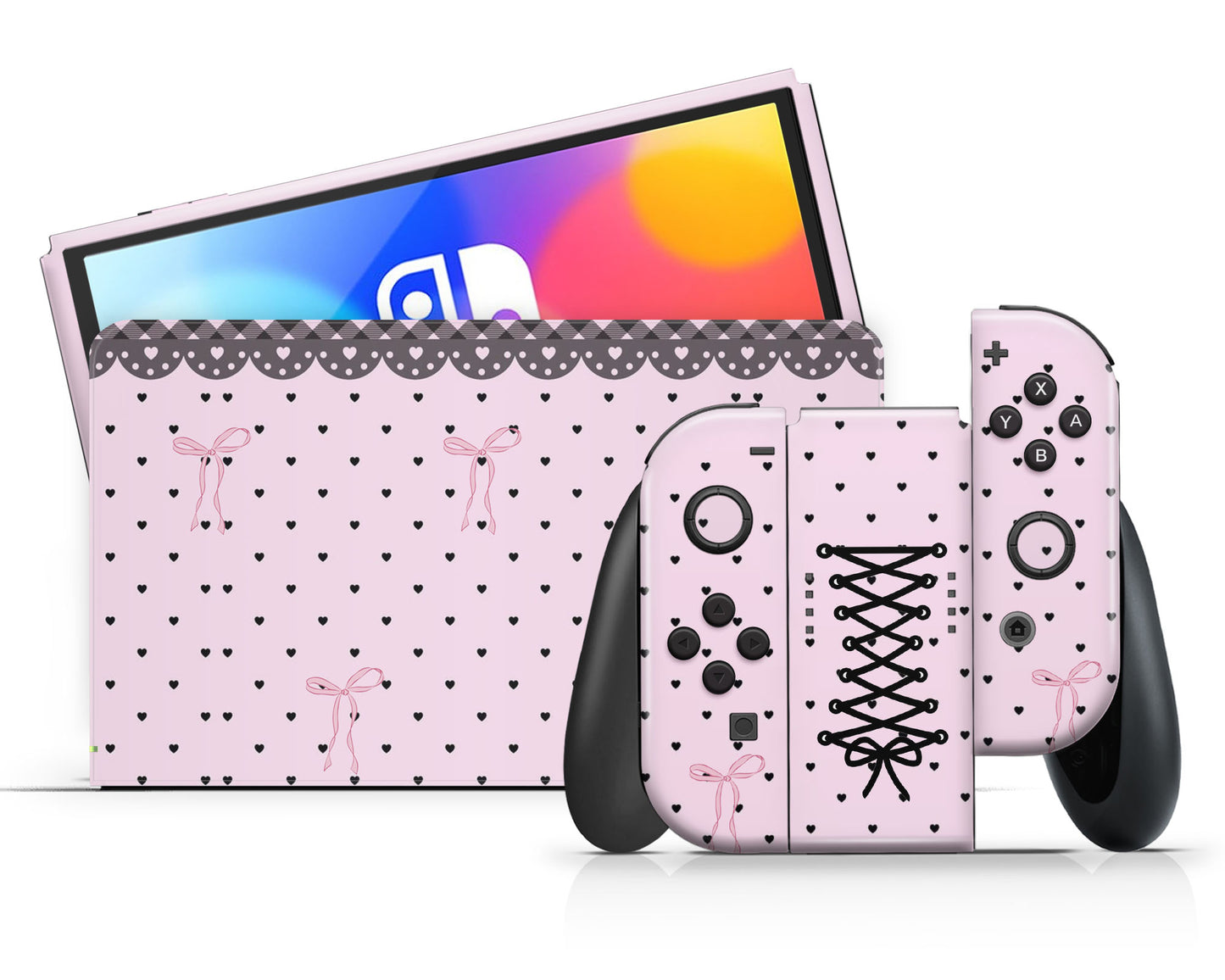 Lux Skins Nintendo Switch OLED Pink Bow Black Lace Full Set Skins - Pattern  Skin
