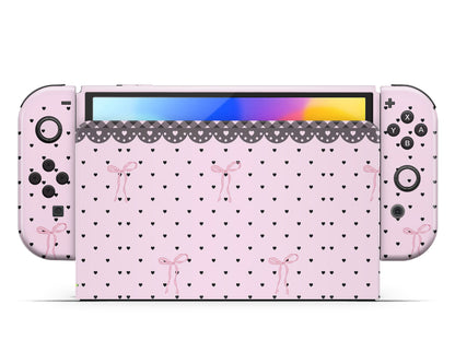 Lux Skins Nintendo Switch OLED Pink Bow Black Lace Full Set +Tempered Glass Skins - Pattern  Skin