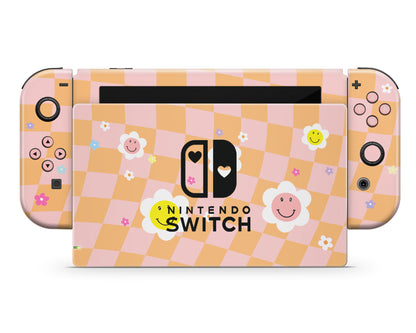 Checkered Smiley Floral Nintendo Switch Skin